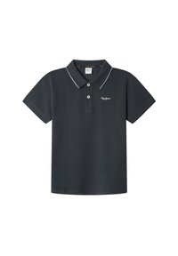 Polo shirt blu scuro, materiale in cotone, maniche corte, pattina con due bottoni, rifinitura del colletto bianca, logo ricamato posizionato sul petto.