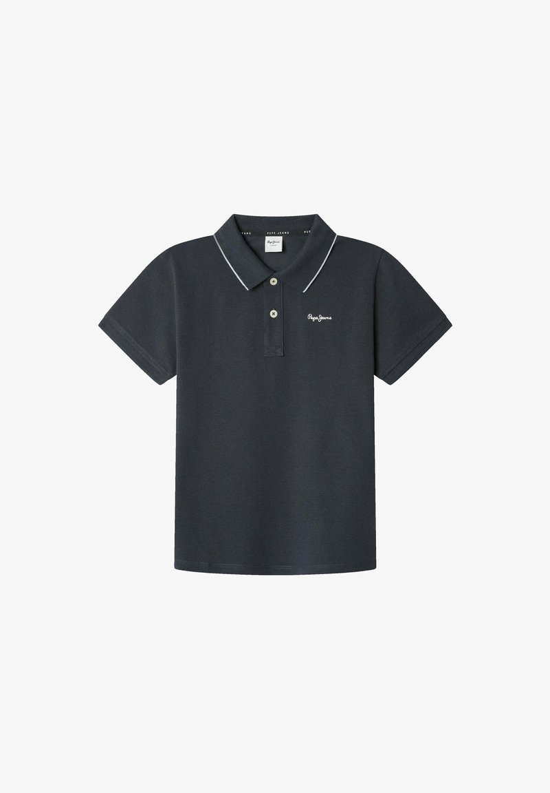 Polo shirt blu scuro, materiale in cotone, maniche corte, pattina con due bottoni, rifinitura del colletto bianca, logo ricamato posizionato sul petto.