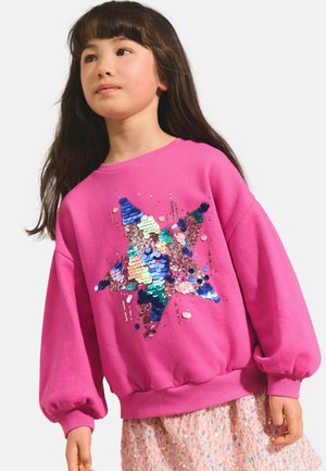 Rosa Sweatshirt mit übergroßen Ärmeln, das ein mehrfarbiges, mit Pailletten besetztes Sternmuster aufweist. Glatte Textur mit geripptem Saum und Bündchen.