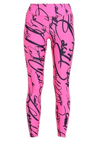 Leggings rosa con un motivo astratto in nero, realizzati in materiale elasticizzato, con un alto elastico in vita per comfort e vestibilità.