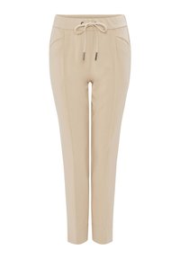 Beige taper joggers met een elastische tailleband, trekkoordsluiting, zijzakken en een structuurstof. Vlakke voorkant en nauwsluitende manchetten.