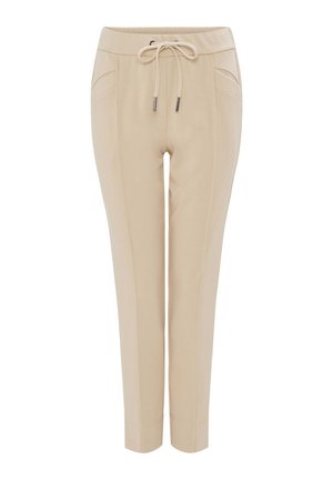 Beige tapered Jogginghosen mit elastischem Bund, Kordelzugverschluss, vorderen Taschen und strukturiertem Stoff. Flacher vorderer Teil und eng anliegende Bündchen.