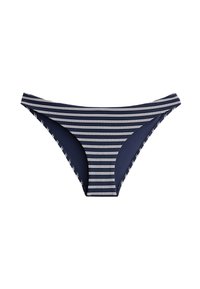 Morsko modri bikini del z vodoravnimi belimi črtami. Ima nizko rez in elastičen pas brez vidnih kovinskih delov. Gladka tekstura.