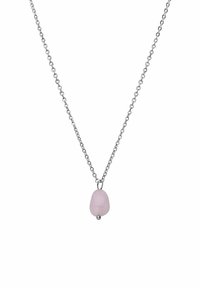 Zilveren ketting met een doorschijnende roze stenen hanger en een ronde metalen accent onderaan. Eenvoudig en modern ontwerp.