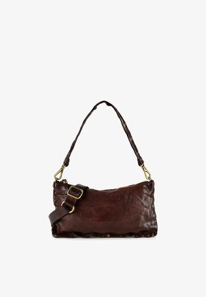 Dunkelbraune Lederhandtasche mit verstellbarem Schulterriemen, goldfarbenen Beschlägen und Reißverschluss vor weißem Hintergrund.