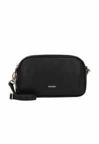 Clutch in pelle nera con superficie texture, accessori in oro, chiusura con zip e tracolla regolabile. Logo impresso sul davanti.