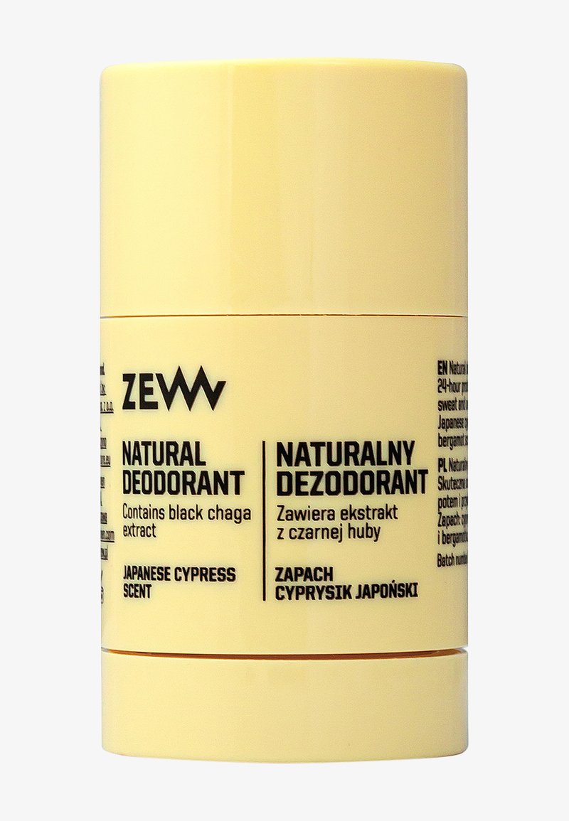 Zew Natural Deodorant stick med sort chaga-ekstrakt, duft af japansk cypres, beige cylindrisk beholder med tosproget engelsk og polsk tekst.