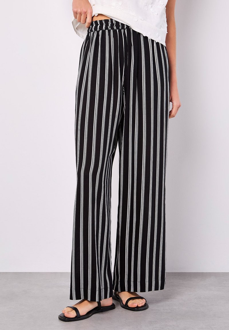 Black and white striped wide-leg pants with an elastic waistband, featuring a smooth texture and a full-length design.