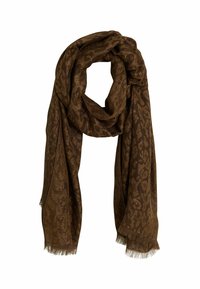 Bufanda de estampado marrón hecha de una tela suave, con un sutil diseño de leopardo y bordes con flecos. Forma flexible para un estilo versátil.