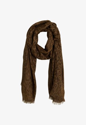 Écharpe à motifs marron en tissu doux, présentant un imprimé léopard subtil et des bords à franges. Forme flexible pour un style polyvalent.