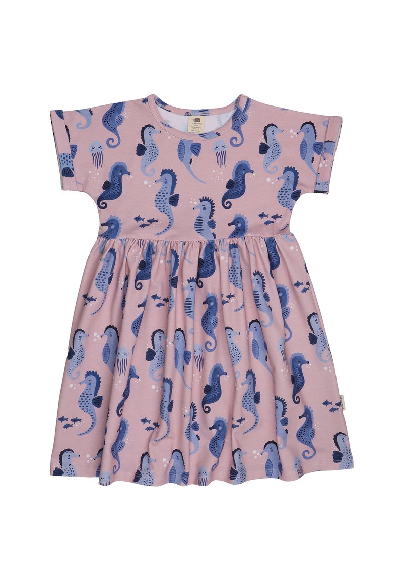 Kurzärmeliges Kleid aus rosa Baumwolle, mit einem Seepferdchenmuster in verschiedenen Blautönen, einem gerafften Rock und Rundhalsausschnitt.