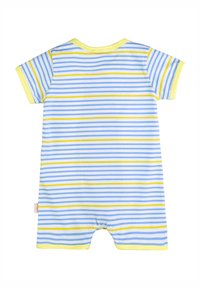Romper a righe blu, giallo e bianco. Maniche corte, colletto rotondo, materiale in cotone morbido e chiusura a scatto nella parte inferiore.