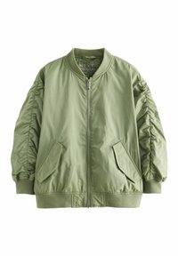 Olivno zelena bomber jakna z zadrgo na sprednji strani, rebrastimi manšetami in robom, dvema stranskima žepoma ter nabranimi rokavi. Gladek, lahek material.