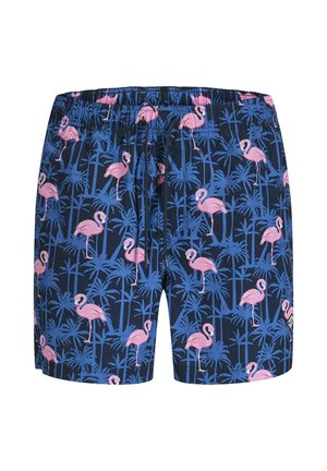 Marineblauwe zwembroek met een elastische tailleband en trekkoord, met een patroon van roze flamingo's en blauwe palmbomen.