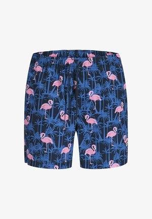 Marineblauwe zwembroek met een elastische tailleband en trekkoord, met een patroon van roze flamingo's en blauwe palmbomen.
