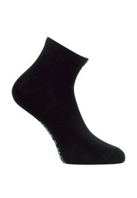 Chaussette noire à cheville en tissu doux, dotée d'un bord côtelé et d'une texture lisse. Comprend du texte blanc sur le côté.