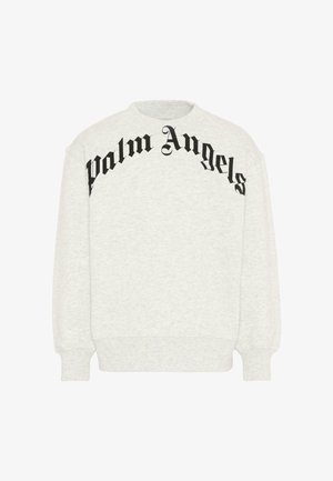 Felpa grigia chiara con girocollo, maniche lunghe e scritta "Palm Angels" in stile Old English nero arcuata sul petto.