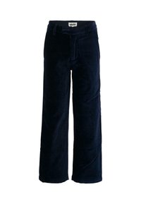 Marineblauwe fluwelen broek met een wijde pijpontwerp, voorzien van riemlussen, een ritssluiting aan de voorkant en een soepele textuur. Logo-label zichtbaar aan de binnenkant van de tailleband.