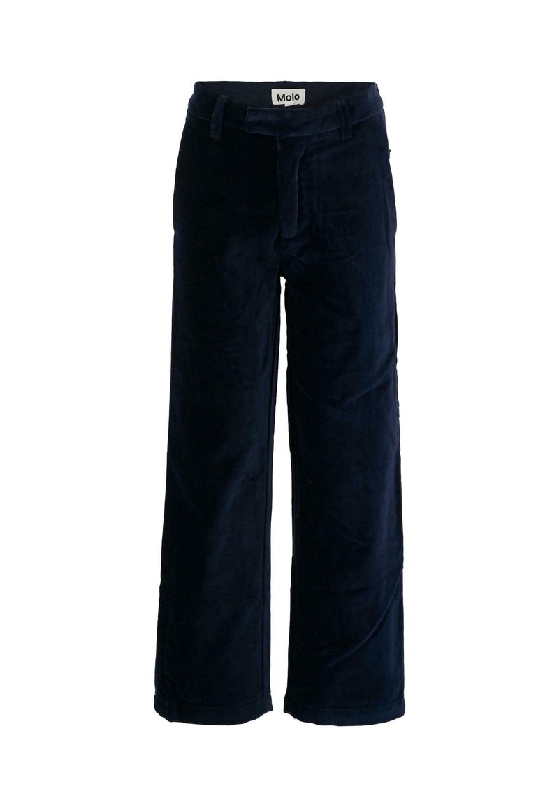 Marineblauwe fluwelen broek met een wijde pijpontwerp, voorzien van riemlussen, een ritssluiting aan de voorkant en een soepele textuur. Logo-label zichtbaar aan de binnenkant van de tailleband.