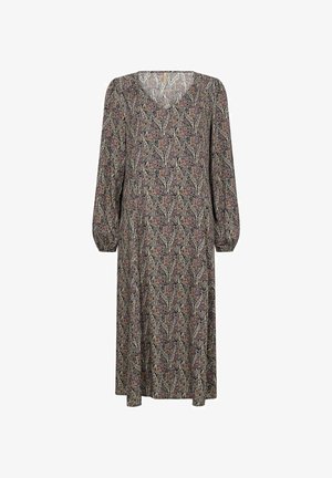 Bloemenpatroon jurk met een V-hals, lange pofmouwen en een losse fit. Kleuren omvatten marineblauw, bordeaux en crème. Lichtgewicht stof.