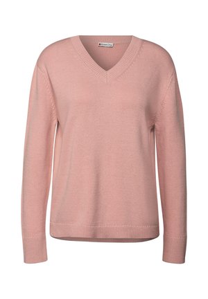 Rosa stickad tröja med V-hals, långa ärmar och ribbad mudd och fåll. Tyget har en mjuk textur och ett subtilt stickat mönster.