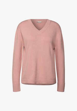 Pull en tricot rose avec un col en V, des manches longues et des poignets et un ourlet côtelés. Le tissu a une texture douce et un motif tricoté subtil.