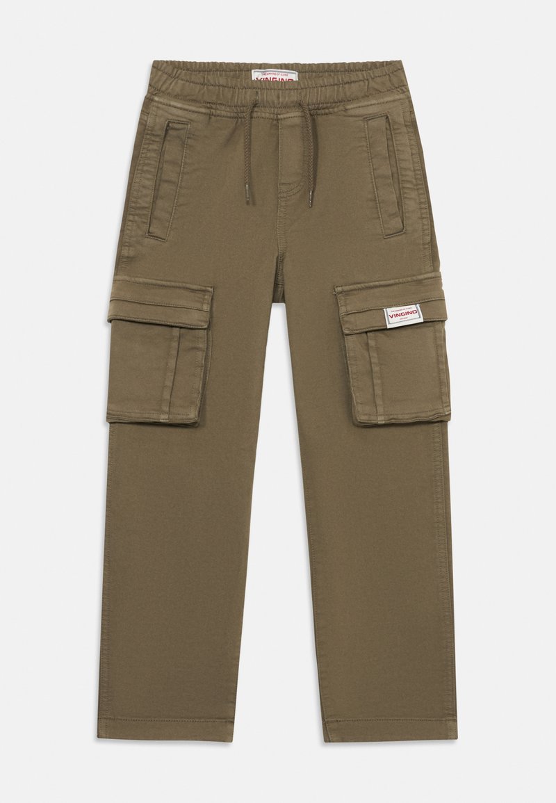 Olivengrøn cargo bukser med elastisk talje, snøre, to forlommer og to klaplommer med et lille rektangulært logo på den ene side.