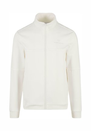 White zip-up jacket with a high collar, made of soft fabric. Features subtle branding and ribbed cuffs and hem. Smooth texture throughout.