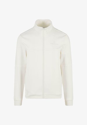 Biała kurtka zapinana na zamek z wysokim kołnierzem, wykonana z miękkiego materiału. Posiada subtelną markę oraz ribbowane mankiety i dół. Gładka tekstura na całej powierzchni.