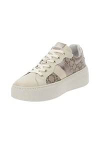 Sneaker platform in pelle bianca con accenti beige e metallici, allacciatura frontale, motivo decorativo con logo e colletto imbottito per il comfort.