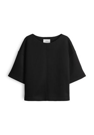 Black cropped sweatshirt with a wide round neckline, short sleeves, smooth texture, and a minimalistic design. No visible patterns.