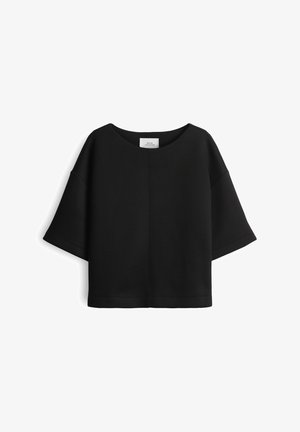 Schwarzes, kurzes Sweatshirt mit weitem Rundhalsausschnitt, kurzen Ärmeln, glatter Textur und minimalistischem Design. Keine sichtbaren Muster.