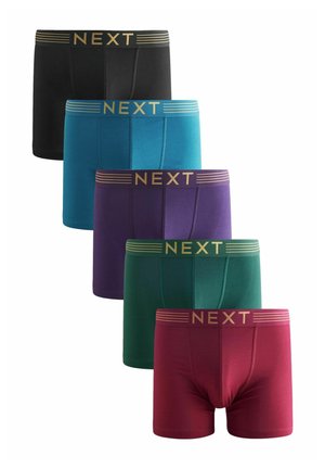 Set mit fünf Paar Herren-Boxershorts in Schwarz, Teal, Lila, Grün und Burgunderrot. Jedes Paar hat einen goldakzentuierten "NEXT"-Bund.