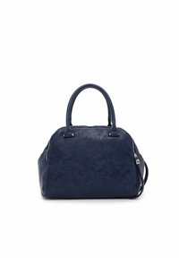 Marineblauer Handtasche aus strukturiertem Material mit glatten Akzenten, zwei abgerundeten Griffen und einem Reißverschlussverschluss. Verfügt über seitliche Reißverschlüsse für zusätzlichen Detail.