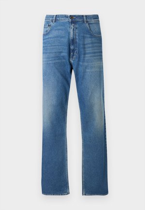 Jeans di denim blu, design a gamba dritta, leggera scoloritura, stile standard con cinque tasche, con bottone metallico e chiusura a cerniera. Nessun motivo o accento visibile.