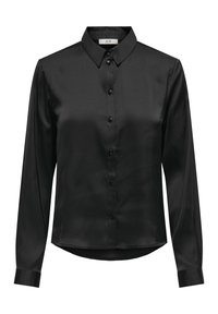 Blouse en satin noir à manches longues, avec col et ouverture boutonnée sur le devant. Présente une texture lisse et un ourlet courbé à la taille.