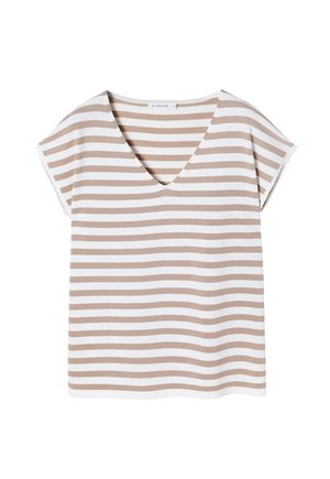 Gestreifter Kurzarm-Top mit V-Ausschnitt in Beige und Weiß, aus weichem Stoff gefertigt, mit lockerer Passform und umgeschlagenen Ärmeln. Schlichtes, lässiges Design.