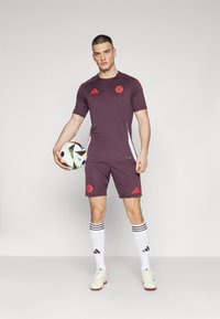 Mörkröd idrottströja och shorts med vita detaljer, försedda med röda Adidas-loggor. Spelaren håller i en flerfärgad fotboll. Vita strumpor med ränder.