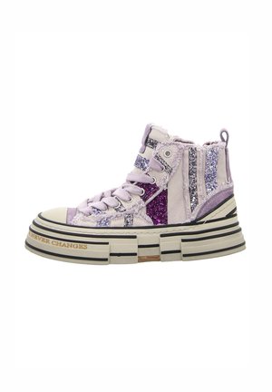 High-top sneakers with a chunky white sole, purple and silver glitter panels, and textured fabric. Features lace-up front and padded collar.