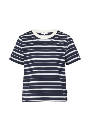 Korte mouw t-shirt met horizontale strepen in marineblauw en wit, voorzien van een witte ronde hals en een klein merketiket aan de zijkant.