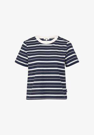 T-shirt à manches courtes à rayures horizontales bleu marine et blanc avec un col rond blanc et une petite étiquette de marque sur le côté.