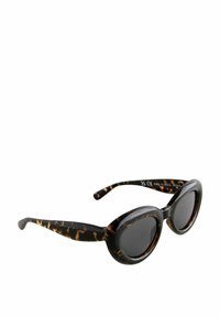 Tortoiseshell sunglasses with a curved oval frame, dark lenses, and patterned arms. Made from plastic with a glossy finish.