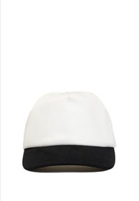 White cap with a black brim. Made from cotton, featuring a smooth texture and a structured shape. No visible logos or patterns.