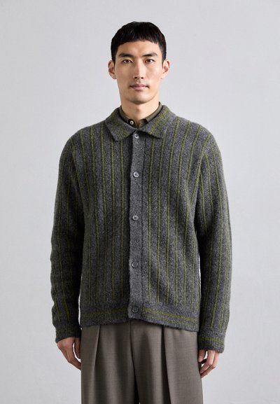 Šedý vlněný cardigan s vertikálními zelenými pruhy, zapínání na knoflíky a límcem. Textura vypadá měkce a útulně.