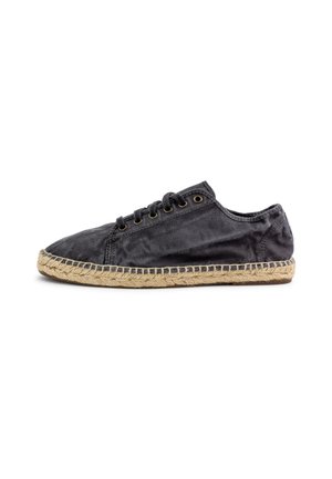 Scarpa espadrille nera in tela con punta rotonda, suola in corda di juta e cinque occhielli metallici per lacci, dotata di una superficie testurizzata.