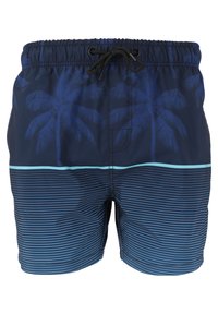 Shorts de bain pour hommes en bleu marine foncé avec imprimé de palmiers. Comprend des rayures horizontales bleues en bas et une taille à cordon de serrage.