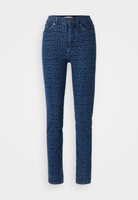 Tmavě modré džíny s geometrickým vzorem. Standardní design s pěti kapsami, měděné nýty a knoflíkový zip.