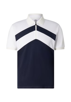 Polo da uomo a maniche corte con colletto bianco, parte superiore del petto bianca con motivo a chevron nero e parte inferiore nera tinta unita.