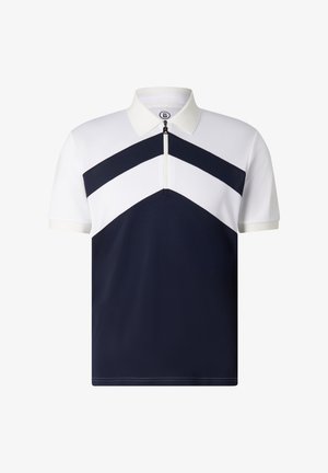 Polo à manches courtes pour hommes avec col blanc, partie supérieure de la poitrine blanche présentant un motif en chevrons noirs, et partie inférieure unie noire.