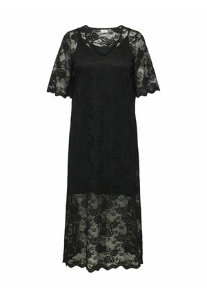 Rochie din dantelă neagră cu mâneci scurte, decolteu în V, model floral, textură transparentă și tiv ondulat. Coboară până la genunchi.